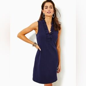 Lilly Pulitzer Tisbury Knit V-Neck Ruffle Sheath Dress | Navy | Size Medium
